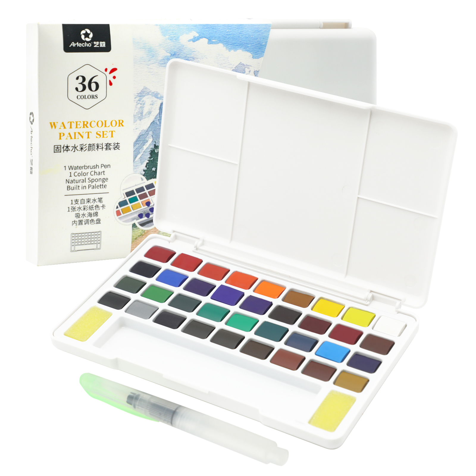 Набор акварельных художественных красок Artecho, 36 цветов, в пластиковой коробке, губка, кисточка для акварели