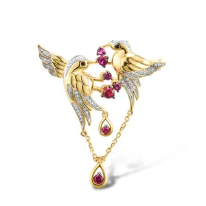 Factory Price pretty Swallow Couple Brooch pin 925 Sterling Silver with Gold Plated Charming CZ Fashion Jewelry for Wedding