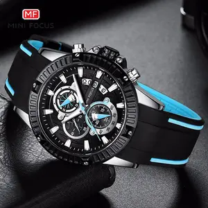 MINI FOCUS 0244ファッションブルーメンズクォーツ時計ホット販売SiliconeバンドカレンダーMulti機能ヴィンテージスポーツ腕時計