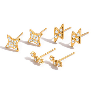 Ensemble de boucles d'oreilles étoiles plaquées or avec zircon incrusté en acier inoxydable pour cadeau, bijoux de mode - Product Image 5
