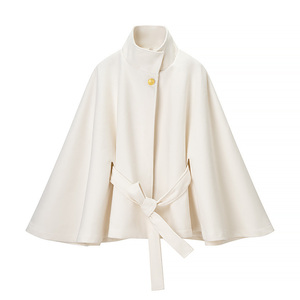 Veste courte en laine mélangée personnalisée pour femmes, col montant, manches évasées, ceinture, taille ajustée, <span class=keywords><strong>manteau</strong></span> sur mesure, veste décontractée ample vintage OEM - Product Image 3