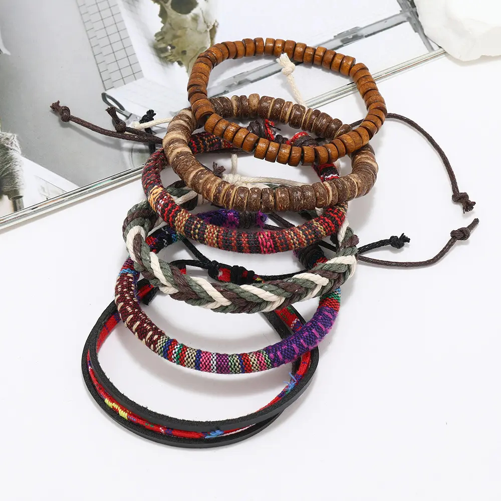 Boho style hand woven rope ethnic style women's wooden bead bracelet