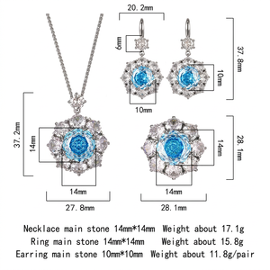 Fashion Eco-friendly Copper Bridal Jewelry Set Wholesale 14-10mm Blue Zircon Rose Cut Simple Round Pendant <b>Earrings</b> Rings Set - Product Image 6