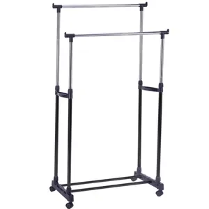 Double pole telescopic foldable garment rack stand clothes shoes drying rack hanger with wheel