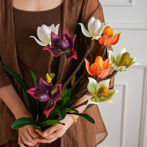Bouquet d'orchidées artificielles Paphiopedilum en PVC, aspect réaliste, avec feuilles, décoration d'intérieur, accessoires de mariage - Product Image 1