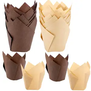 Tulip Muffin Liners tulipán papel pastel tazas, rústico Cupcake Wrapper marrón blanco y naturaleza Color100pcs PVC Box Packaging