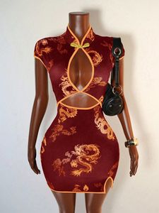 Women's Print Cheongsam-Inspired Bodycon Mini Dress Mandarin Collar Cutout Buttons Party Dresses Fashion - Product Image 3