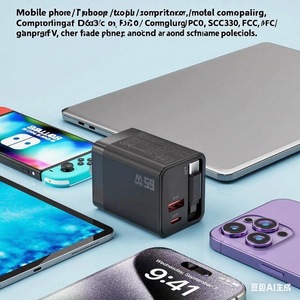 Adaptateur de charge rapide de voyage double port Fonction PD 3.0 pour ordinateur portable <span class=keywords><strong>Chargeur</strong></span> <span class=keywords><strong>USB</strong></span> <span class=keywords><strong>C</strong></span> GaN 65W avec <span class=keywords><strong>c</strong></span>âble Type <span class=keywords><strong>C</strong></span> rétractable - Product Image 3
