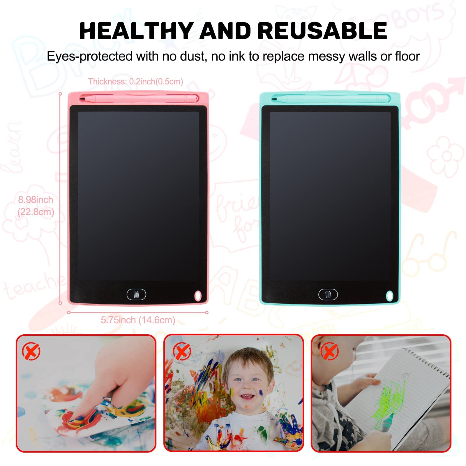 Pack De 4 Tablets De Escritura LCD De 8.5 Pulgadas | Colores Verde, Azul, Rosa Y Morado | Regalo Borrable Para 3-8 Años