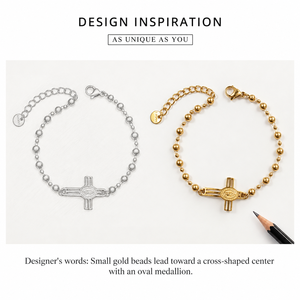 Cross <b>Medallion</b> Beaded Bracelet , Stainless Steel, 18K <b>Gold</b> Vacuum Plated, 170mm + 40mm - Product Image 4