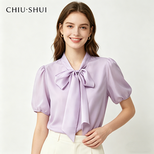 <span class=keywords><strong>En</strong></span> Stock: Blusa Elegante de Oficina, Camisa de Chifón de Manga Corta con Lazo, Tejido de Punto para Primavera/Verano - Product Image 1