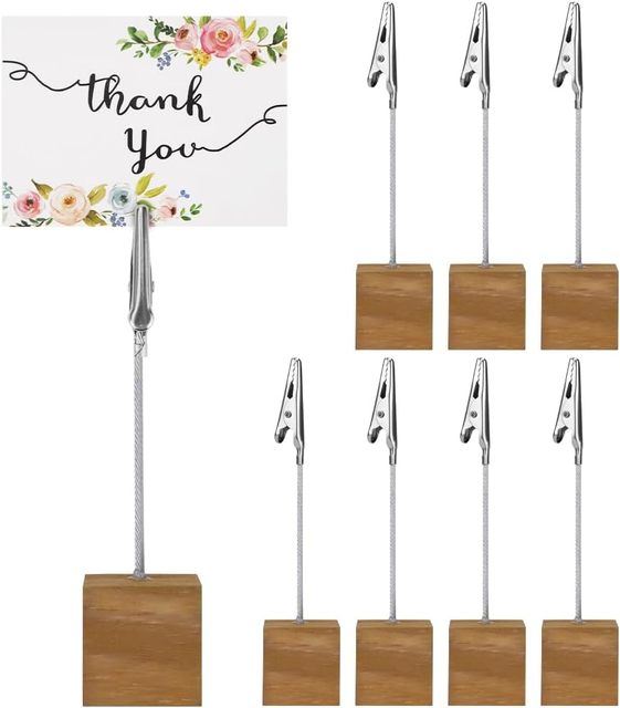 Table Number Holder Wooden Memo Clips, Picture Holders with Clips, Memo Photo Clip, Photo Cubes for Pictures with Wooden Base