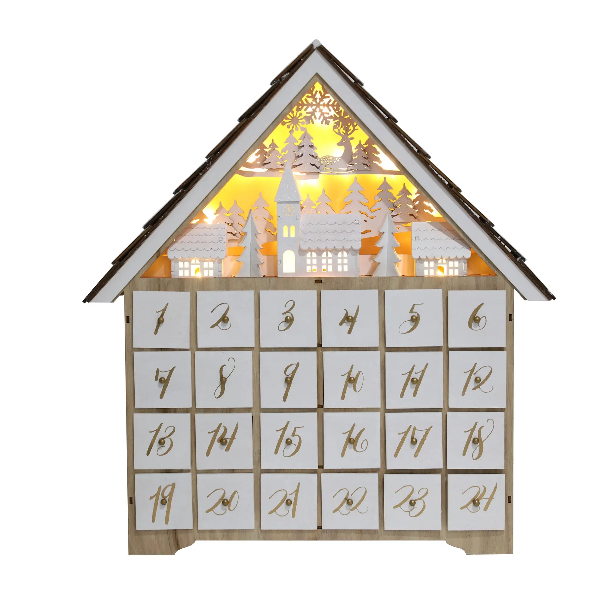 Maison de calendrier de l'avent en bois avec 24 tiroirs et Led, scène de village et de forêt compte à rebours jusqu'à la décoration réutilisable de Noël