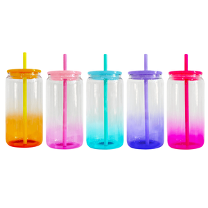 2023 tin tức thăng hoa 16oz rõ ràng chai thủy tinh <span class=keywords><strong>Libby</strong></span> lọ thủy tinh với màu nhựa nắp và rơm Ombre Tumbler cho in ấn nóng - Product Image 1