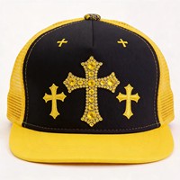 Casquette Trucker à Strass Croix, Bloc de Couleurs, Dos en Maille, Snapback, Logo Personnalisé, Accessoire de Tête