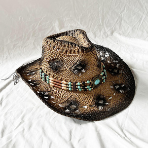Chapeau de cowboy en paille de papier fait main, style ethnique, orné de pierres précieuses, bande, <span class=keywords><strong>peinture</strong></span> en aérosol, corniche roulée, pare-soleil réglable, chapeaux western - Product Image 4