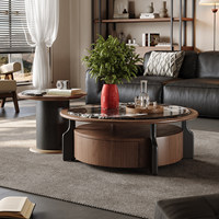 Ensemble de tables basses rondes gigognes en marbre avec plateau en noyer et tiroir de rangement, table d'appoint 2-en-1, style moderne et minimaliste pour villa, chambre d'hôtes, bureau
