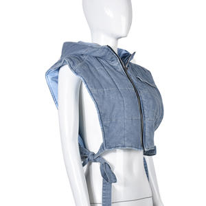 D0702MJ20 nouveauté Denim coton lavé à capuche sans manches Cargo court décontracté doublure tissé femmes gilet Sehefashion - Product Image 6