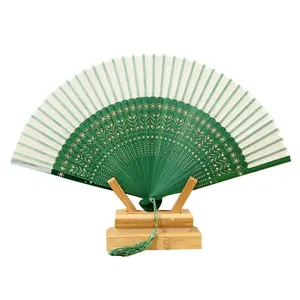 Green folding hand fan for wedding birthday party gift folding Chinese hollow