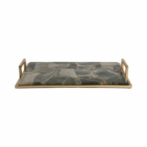 Elegante vassoio in agata con lati e manici in metallo per letto o tavolino, vassoio decorativo per gioielli e piccoli oggetti. - Product Image 1