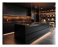 Îlot de cuisine moderne de luxe avec plan de travail stratifié noir mat sans cadre, meuble de cuisine modulaire avec rangement