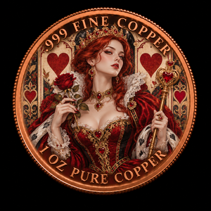Moneda de Cobre Puro .999 de 1 oz con Impresión UV Redonda y Grabado en Relieve de la Reina de Corazones, Moneda de Póker para Casino, Personalizada, al por Mayor, OEM - Product Image 1