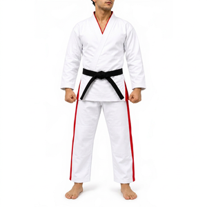 Kimono de Taekwondo unisexe blanc avec bordure rouge, ceinture noire, coupe régulière, polyester/coton, respirant, léger, durable, uniforme d'arts martiaux - Product Image 1