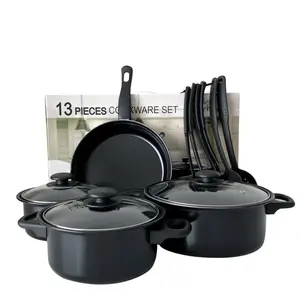 Set peralatan masak anti lengket, Set peralatan dapur panci hitam dan panci cor besi, panci memasak, Set peralatan masak