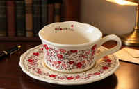 Tasse à café et soucoupe en céramique à motif floral esthétique, style rétro, fleurs rouges, vaisselle pour le thé de l'après-midi
