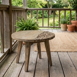 Layla Half Carving <b>Round</b> Solid Wood <b>Coffee</b> <b>Table</b> 60cm Handcrafted <b>Wooden</b> Center <b>Table</b> for Living Room Home Furniture - Product Image 1