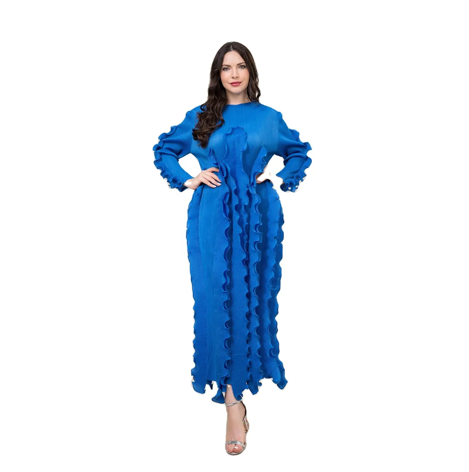 Miyake kadın artı boyutu pilili Maxi Casual Elegante elbise, uzun fırfır kollu Hem Bohemian Vestidos De Mujer Robe siyah kilise