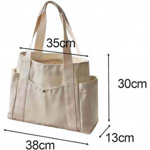 Sac à bandoulière en toile réutilisable décontracté à grande capacité avec logo imprimé personnalisé, sac de plage en coton avec poche extérieure et latérale - Product Image 2