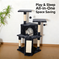 Arbre à chat d'intérieur tout-en-un : Condo multi-niveaux pour chat, avec griffoir en sisal, maisonnette confortable, perchoir en peluche et jouet suspendu