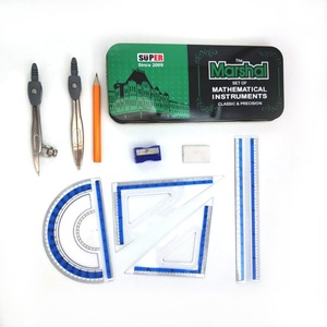 Lot de 9 outils de géométrie de qualité supérieure en boîte métallique, comprenant des règles et un compas, pour étudiants - Product Image 2