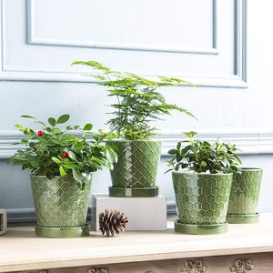 Pots de jardin, jardinières en céramique avec trou de drainage et plateau en céramique, décoration pour la maison, le rebord de fenêtre, cadeau - Product Image 3