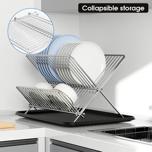 Séchoir à vaisselle en métal pliable à deux niveaux comptoir <span class=keywords><strong>de</strong></span> <span class=keywords><strong>cuisine</strong></span> égouttoir plaque bol porte-gobelet étagère <span class=keywords><strong>de</strong></span> rangement grands magasins - Product Image 2