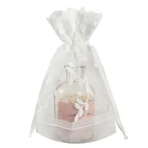 Wholesales के लिए 16x23cm पारदर्शी Drawstring उपहार बैग शादी की सफेद फीता जाल श्रृंगार पार्टी इत्र सुरुचिपूर्ण पैकेजिंग बैग