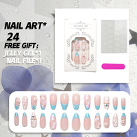 24 faux ongles à presser, forme amande, bleu, French manucure, motif dentelle et fleurs de cerisier, avec lime à ongles, vente en gros, dropshipping