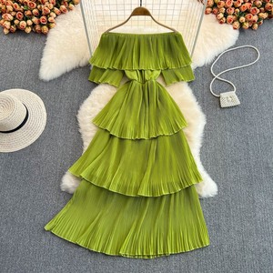 Vendita calda a buon mercato nuovo elegante vestito da donna dolce con gonna a spalla in tinta unita con volant abito lungo da spiaggia per le vacanze - Product Image 4