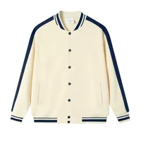 Blouson Bomber Varsity Crème Marine, Manches Contrastantes à Rayures et Bordures Côtelées, Fermeture à Boutons Pression, Poches Plissées, Épaules Tombantes Décontractées