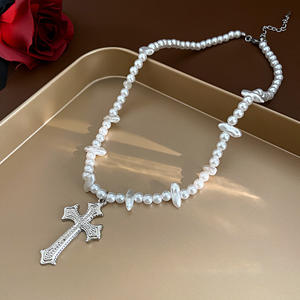 High-End Trendy Summer Link Chain Water Drops Diamond Imitation <strong>Pearl</strong> <strong>Necklace</strong> No Fading Tempe Design Cross <strong>Pendant</strong> <strong>Necklace</strong> - Product Image 3