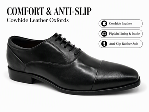 Zapatos Oxford de cuero genuino negro con punta texturizada para hombre, con cordones, punta redonda, suela de goma, para oficina, carrera, negocios, boda - Product Image 2
