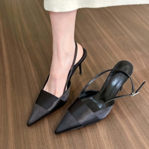 Nouvelles sandales mules en satin brillant pour femmes 2026, à bout pointu, talons fins, brides de cheville, chaussures habillées élégantes - Product Image 2