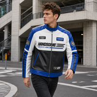 Blouson de moto en cuir PU pour homme, style racing, avec blocs de couleur, col montant, fermeture éclair métallique, patch brodé et poches zippées, vente en gros