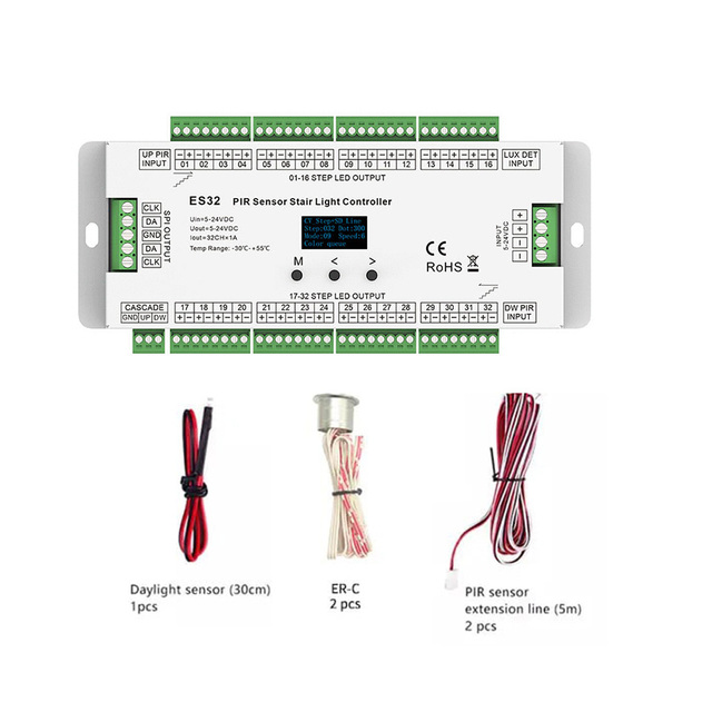 Skydance ES32 32 Steps PIR Sensor Stair Light Controller Human Body Induction Smart Staircase SPI RGB Led Strip Control 5-24VDC