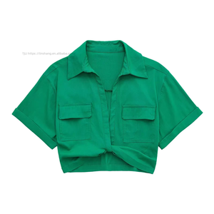 เสื้อเชิ้ตผู้หญิงแฟชั่น แขนสั้น คอปก สีพื้น ผ้าลินินยืดทรงเข้ารูป - Product Image 6