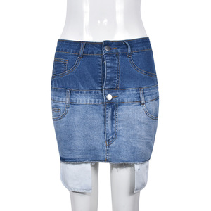 Recién llegado, Falda vaquera de moda de color contrastante para mujer, falda de media longitud con borla elástica y agua de lavado con cremallera - Product Image 6
