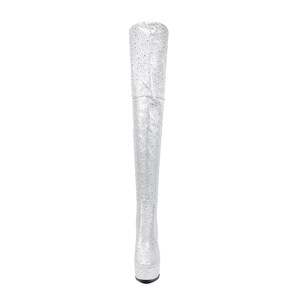 Bottes de soirée et de boîte de nuit pour femmes, argentées, à paillettes et strass, au-dessus du genou, à bout pointu, plateforme, talon aiguille, fermeture éclair arrière - Product Image 2