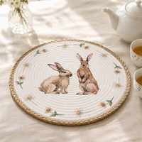 Set de table rond en corde de coton de 35 cm, moderne, fait main, écologique, lavable, pour la décoration de la maison et de la cuisine, avec impression de lapin adorable