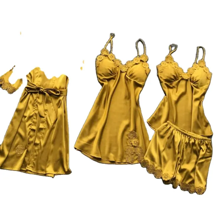 गर्म बिक्री नव खुदरा उत्पादों चार टुकड़े सेट महिलाओं गर्मियों Homewear दुल्हन बागे रेशम बाथरोब